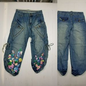 Hand Painted Beaded Jeans Festival Bleach Wide M